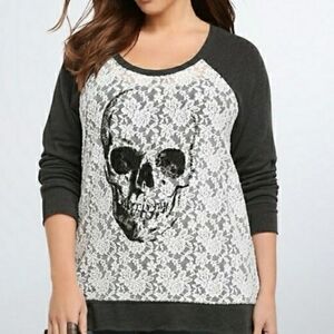 Grey Skull Lace Front Sweater By Torrid Size 3